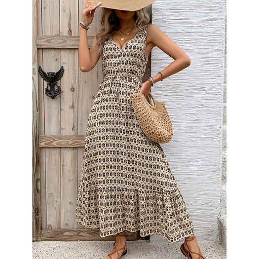 Printed V-Neck Tie Waist Midi Dress