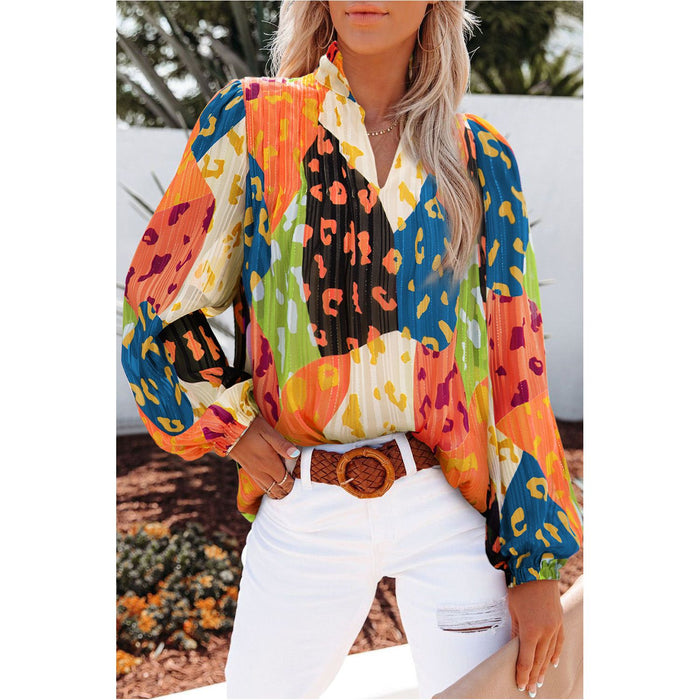 Printed Notched Long Sleeve Blouse