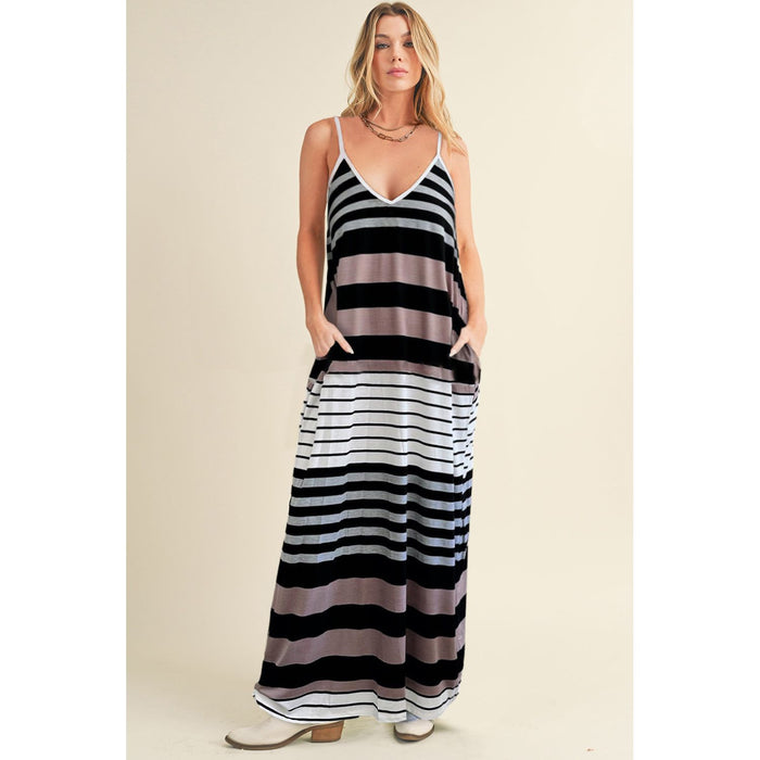 Pocketed Striped V-Neck Sleeveless Cami Dress