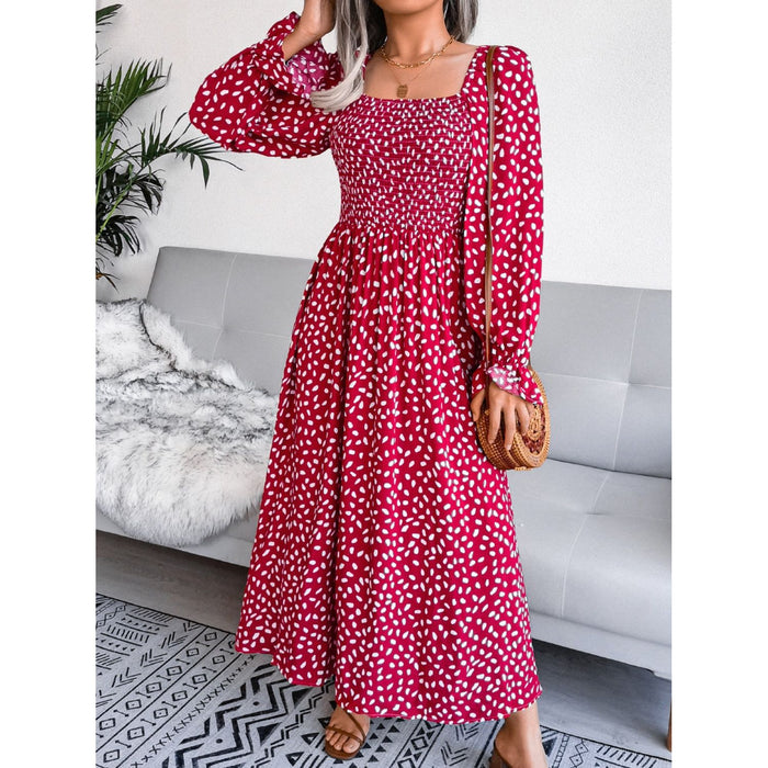 Smocked Square Neck Flounce Sleeve Dress