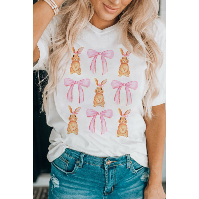 Rabbit & Bow Round Neck Short Sleeve T-Shirt