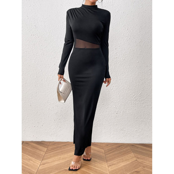 Slit Mock Neck Long Sleeve Maxi Dress