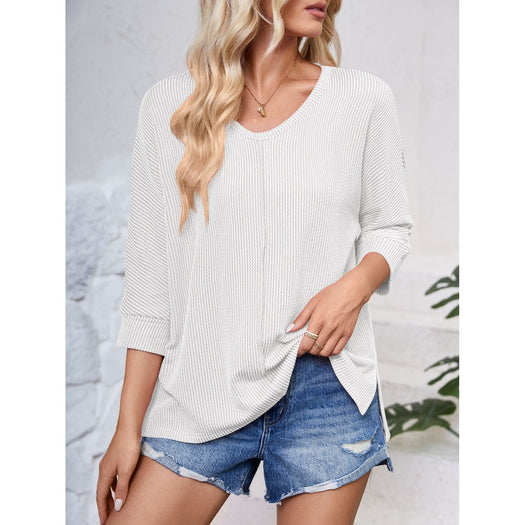 Textured Round Neck Three-Quarter Sleeve Blouse