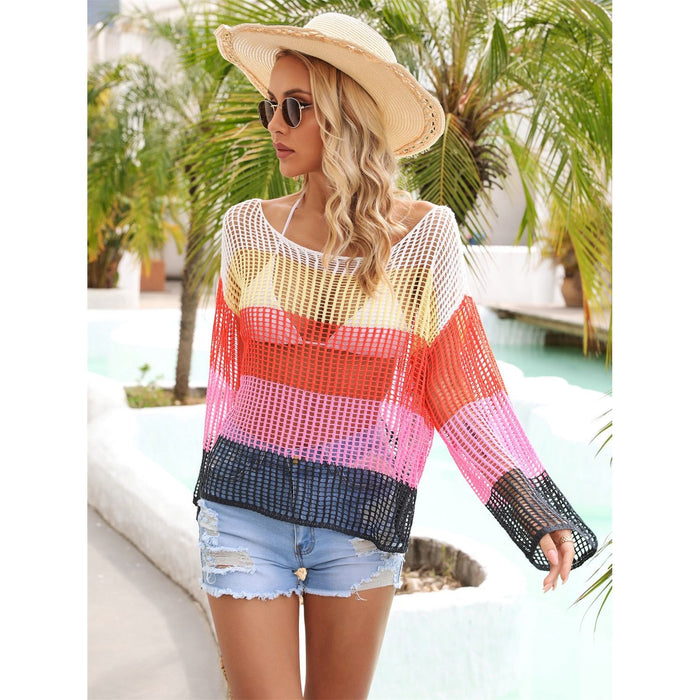 Color Block Openwork Boat Neck Cover Up