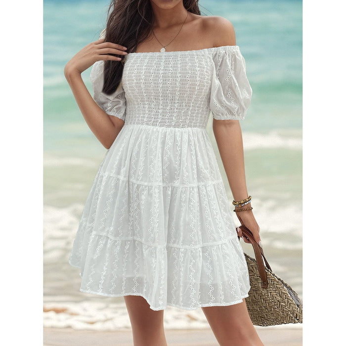 Smocked Eyelet Off-Shoulder Mini Dress