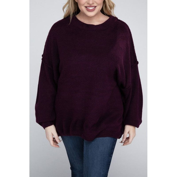 Plus Oversized Round Neck Raw Seam Melange Sweater