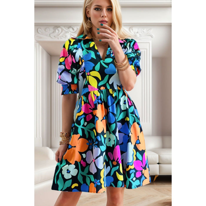 Printed Johnny Collar Half Sleeve Mini Dress