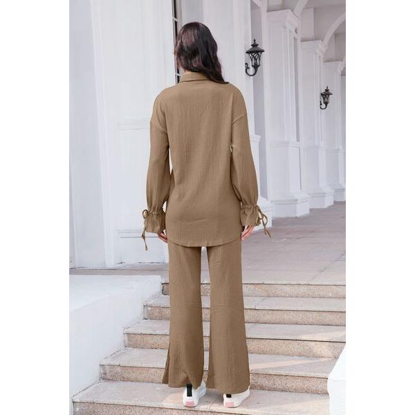 Drawstring Flounce Sleeve Shirt and Pants Set