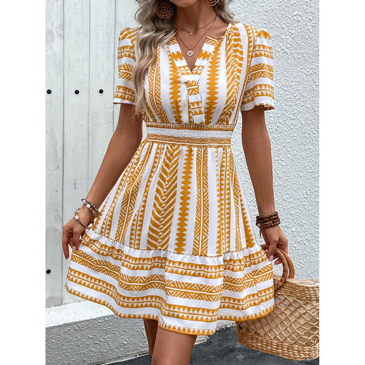 Geometric Notched Short Sleeve Mini Dress