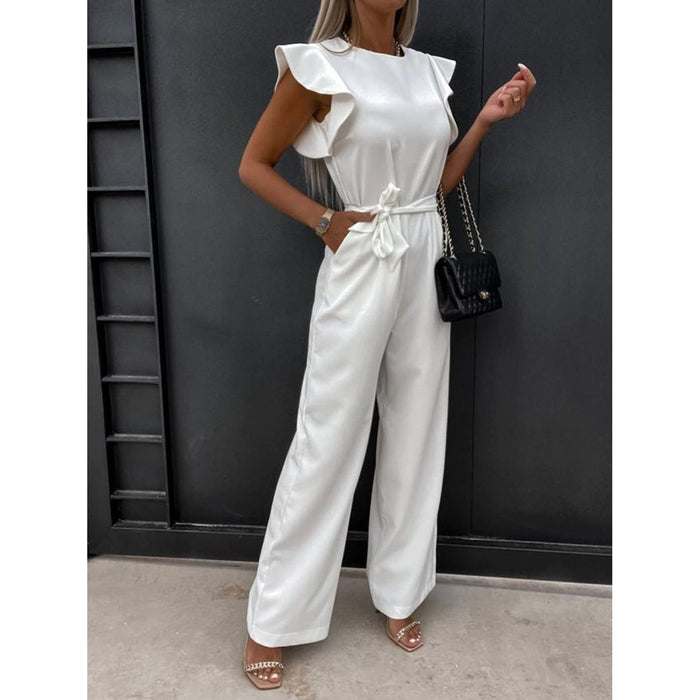 Ruffled Round Neck Cap Sleeve Jumpsuit