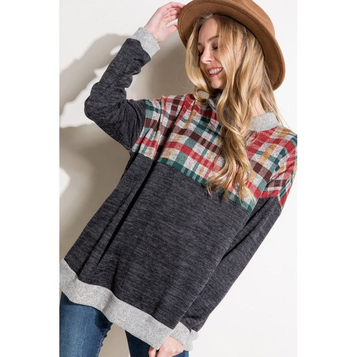 Plus Solid Plaid Mock Neck Top