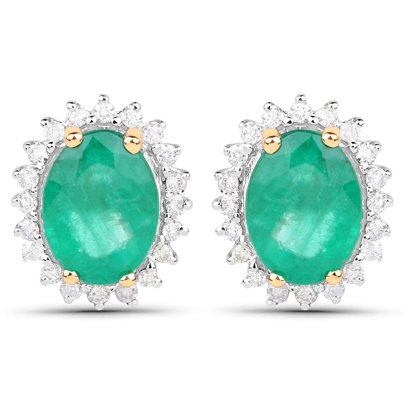 Bids.com 2.66 Carat Genuine Zambian Emerald and White Diamond 14K Yellow Gold Earrings Earrings