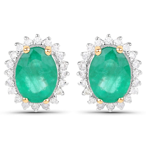 Bids.com 2.66 Carat Genuine Zambian Emerald and White Diamond 14K Yellow Gold Earrings Earrings