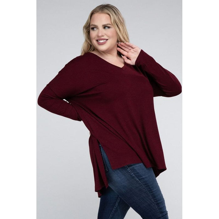 Plus Dolman Sleeve V-Neck Side Slit Hi-Low Hem Top