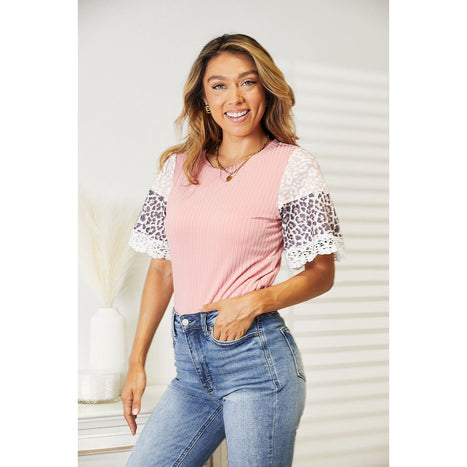 Double Take Leopard Lace Trim Ribbed Round Neck Top