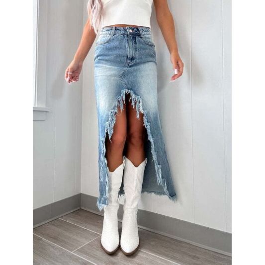 Mill's Beauty Supply High-Waist Raw Hem Asymmetry Denim Skirt