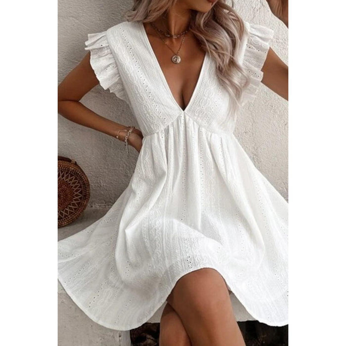 Eyelet Ruffled Cap Sleeve Mini Dress