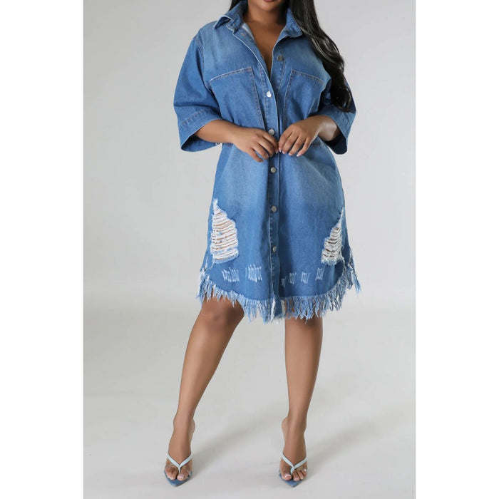 Distressed Raw Hem Button Up Denim Dress