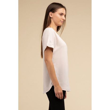 Woven Heavy Dobby Rolled Sleeve Boat Neck Top