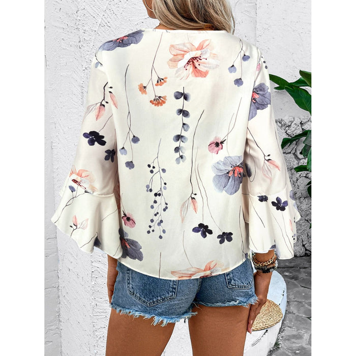 Ruffled Printed V-Neck Half Sleeve Blouse