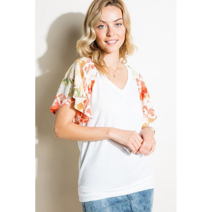 V NECK SHORT FLAIR SLEEVE TOP