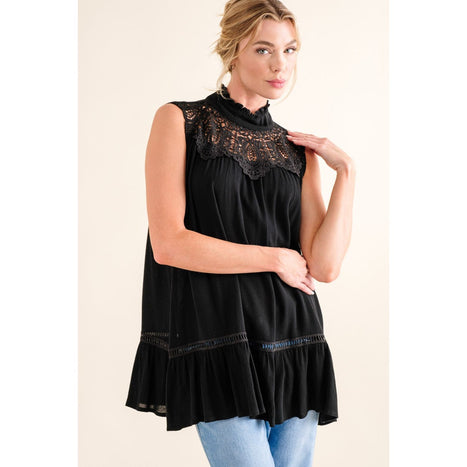 Lace Detail Sleeveless Ruffled Top