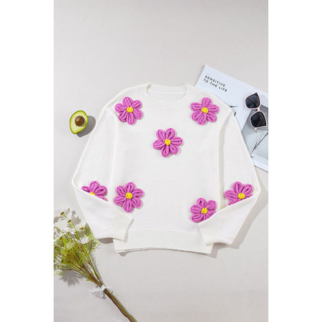 Crochet Flower Round Neck Long Sleeve Sweater