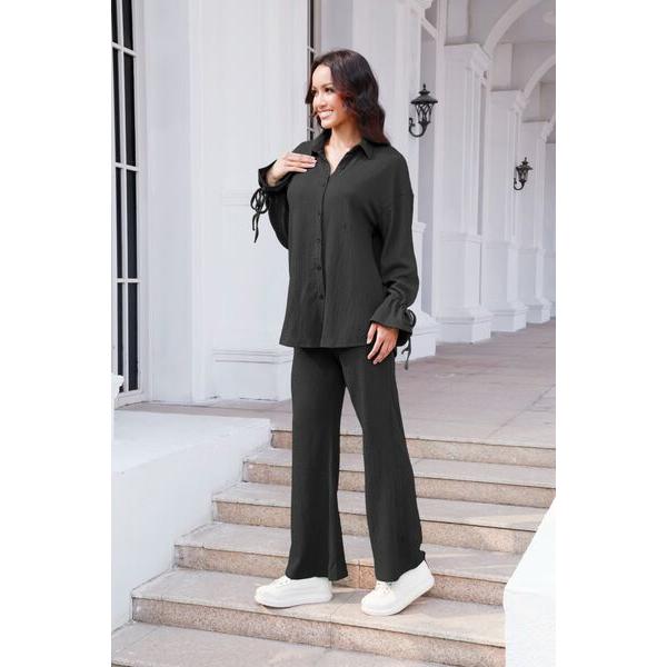 Drawstring Flounce Sleeve Shirt and Pants Set