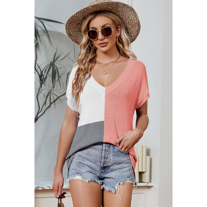 Color Block V-Neck Short Sleeve Knit Top