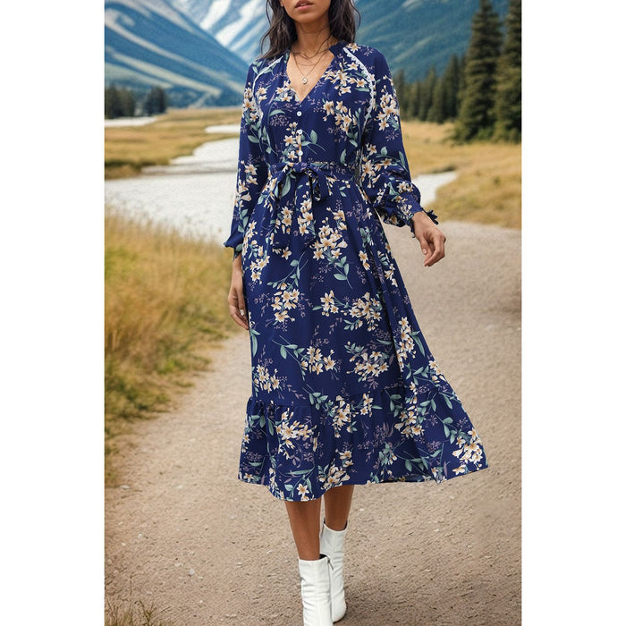 Printed Notched Lantern Sleeve Midi Dress