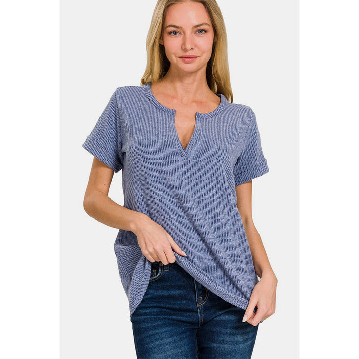 Zenana Notched Short Sleeve Waffle T-Shirt