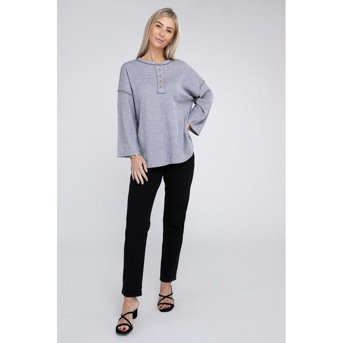 Ribbed Brushed Melange Hacci Henley Sweater