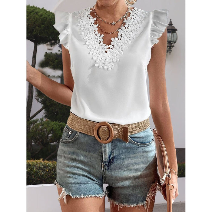 Lace Detail V-Neck Cap Sleeve Blouse