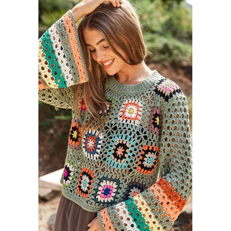 Floral Crochet Striped Sleeve Cropped Knit Sweater