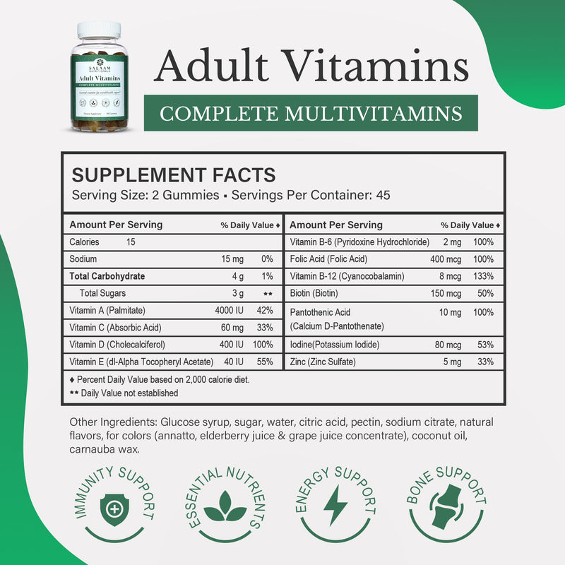 Salaam Nutritionals Halal Adult Multivitamin Gummies - Complete Nutrition with Essential Vitamins - 90 Count