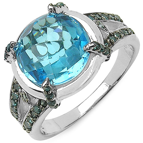 Bids.com 5.43 Carat Genuine Swiss Blue Topaz & Blue Diamond .925 Sterling Silver Ring Rings