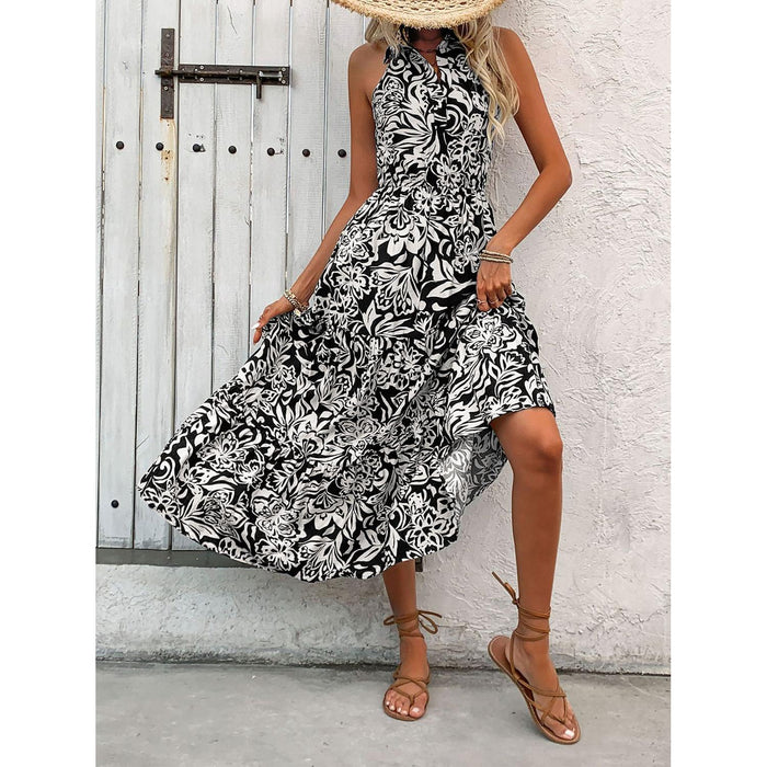 Backless Smocked Printed Sleeveless Midi Dress