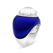Bids.com 18K White Gold 14mm White Quartz and 1/5 Cttw Diamond Halo with Blue Enamel Dome Ring (F-G Color, VS1-VS2 Clarity) - Ring Size 7 Rings