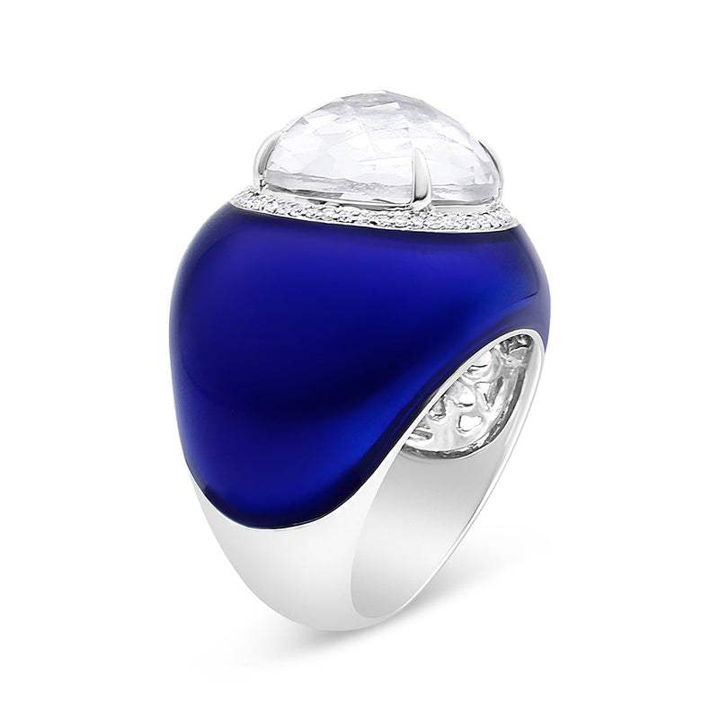 Bids.com 18K White Gold 14mm White Quartz and 1/5 Cttw Diamond Halo with Blue Enamel Dome Ring (F-G Color, VS1-VS2 Clarity) - Ring Size 7 Rings
