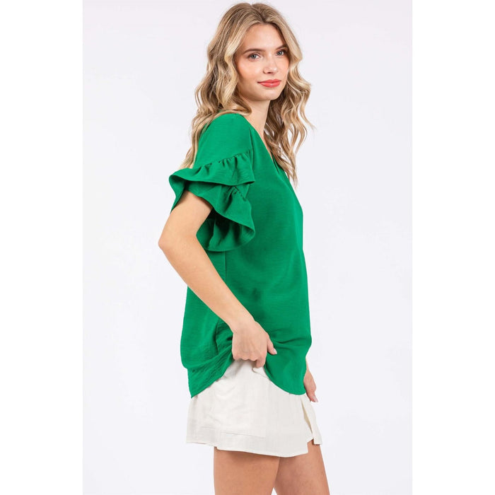 GeeGee Ruffled Short Sleeve V-Neck Blouse