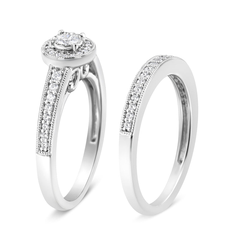 Bids.com .925 Sterling Silver 1/2 Ctw Diamond Halo and Milgrain Engagement Ring Bridal Set (I-J Color, I3 Clarity) - Ring Size 7 Rings
