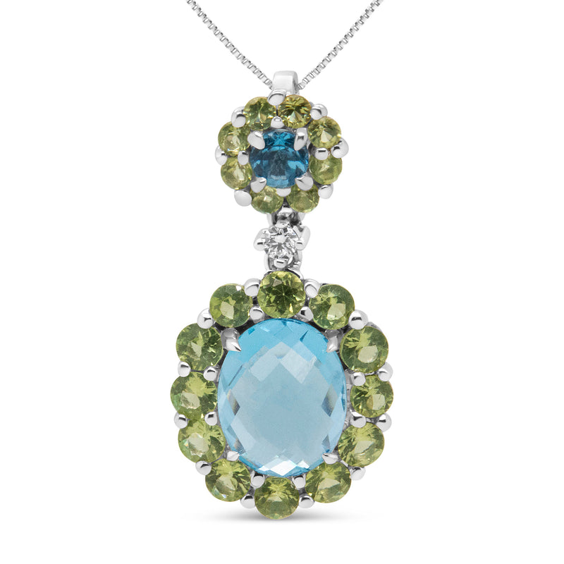 Bids.com 18k White Gold 0.05 Cttw Round Diamond and Blue Topaz and Green Peridot Gemstone Halo Drop 18" Pendant Necklace (F-G Color, VS1-VS2 Clarity) Necklaces