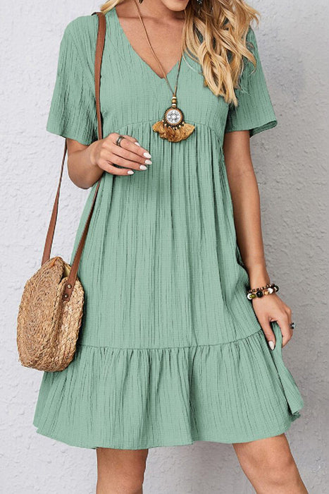 Ruched V-Neck Short Sleeve Dress