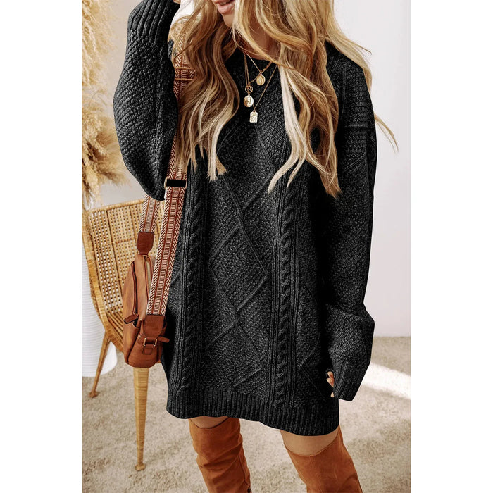 Cable-Knit Round Neck Sweater Dress