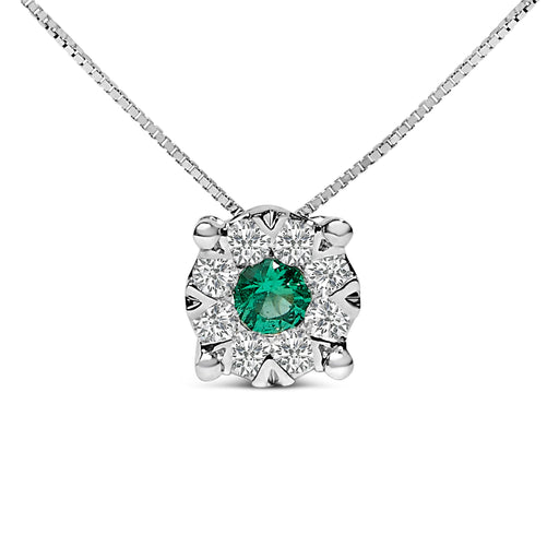 Bids.com 14K White Gold 3.8 MM Green Emerald and 1/3 Cttw Diamond Composite Halo 18" Pendant Necklace (F-G Color, VS2-SI1 Clarity) Necklaces
