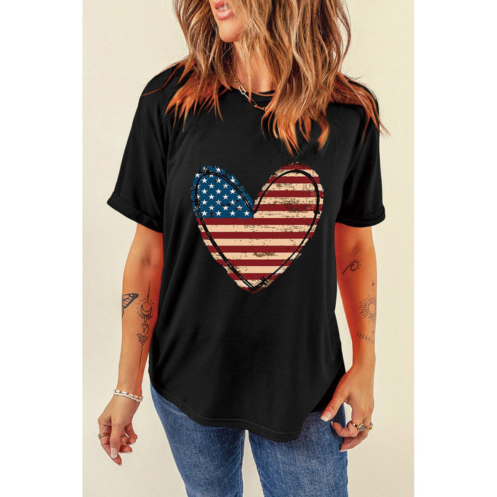 Stars and Stripes Heart Round Neck Short Sleeve T-Shirt in Black