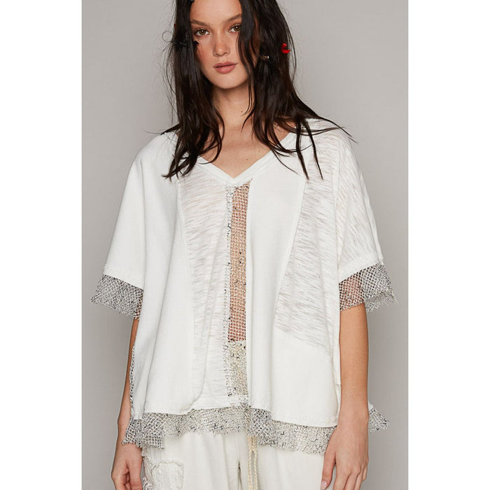 POL Openwork V-Neck Half Sleeve Top