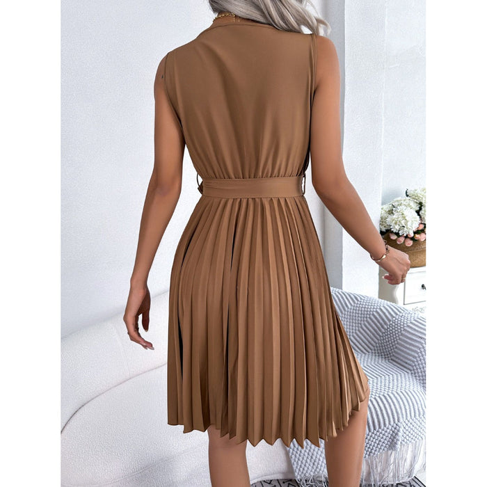 Tied Surplice Sleeveless Pleated Dress