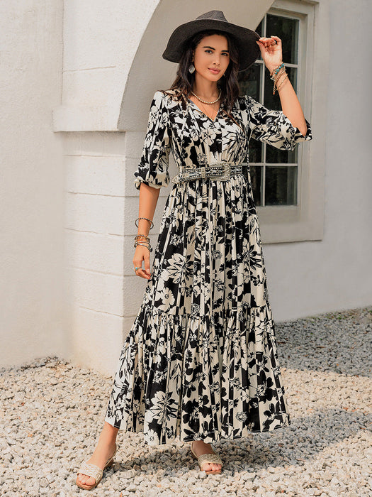 Printed Tie Neck Long Sleeve Dress