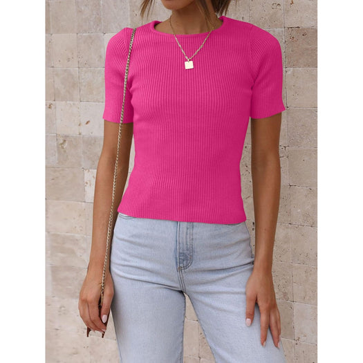 Round Neck Short Sleeve Knit Top